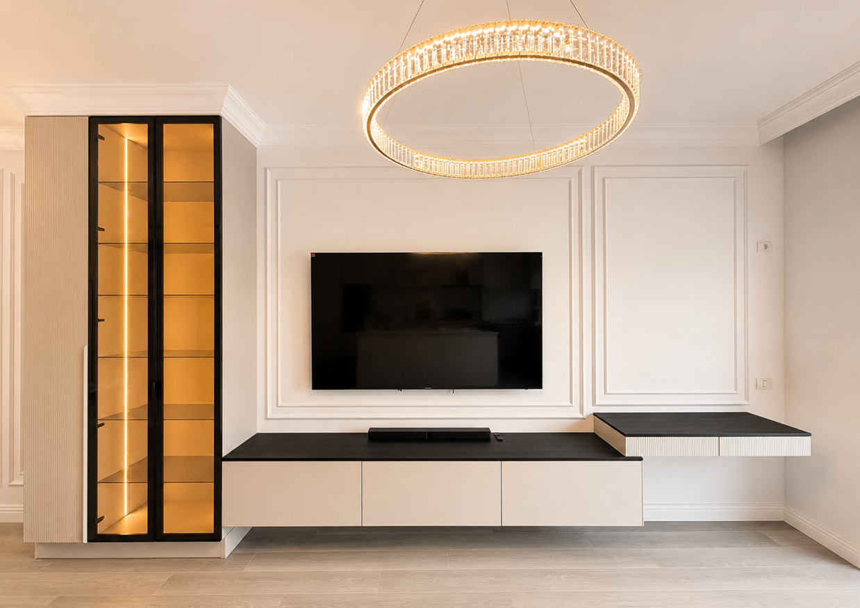 Mobilier pentru living din MDF termoformat cu vitrină și zonă de depozitare realizat la comandă de NORVINIA