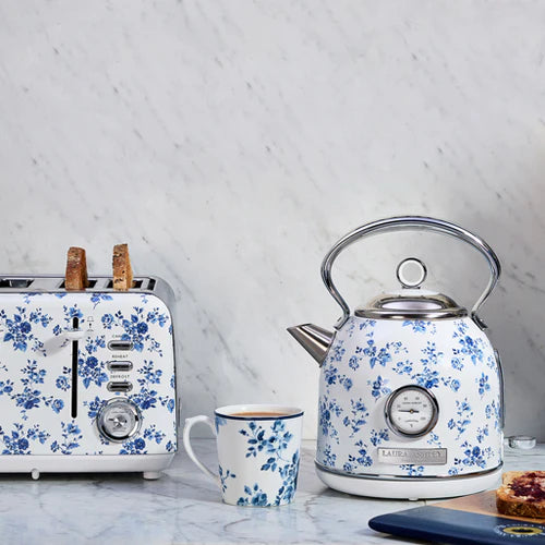 Fierbător electric Laura Ashley China Rose, 1.7 L, 1500 W, inox, cu termometru, filtru anticalcar