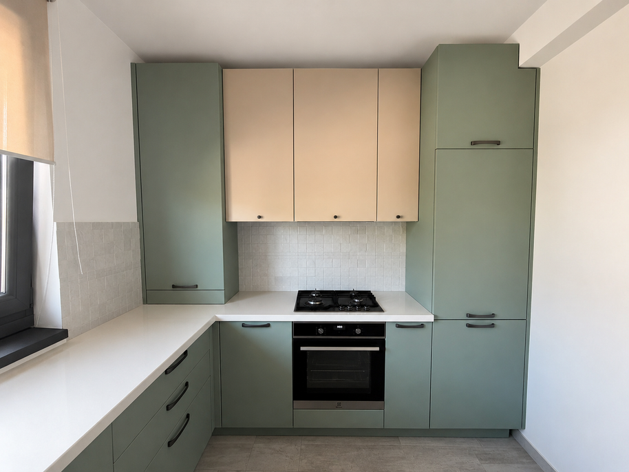 Mobilier de bucătărie NORVINIA, cu fronturi din MDF termoformat, blat din cuarț compozit și mânere metalice aplicate