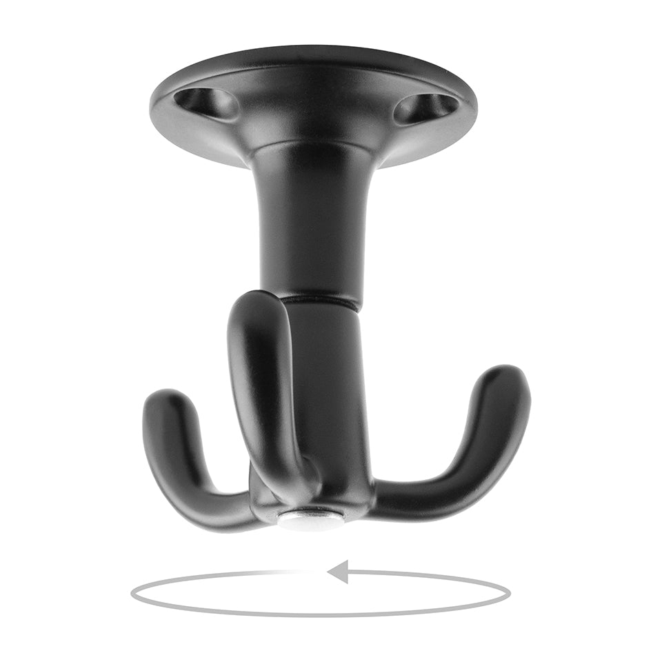 Agățătoare rotativă Tulip Twist – negru mat, 3 cârlige, zamac, montaj pe blat/poliță (sub), multifuncțională