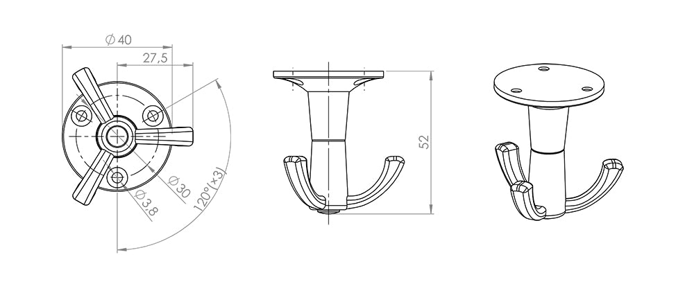 Agățătoare rotativă Tulip Twist – crom mat, 3 cârlige, zamac, montaj pe blat/poliță (sub), multifuncțională