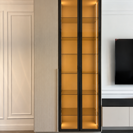 Mobilier pentru living din MDF termoformat cu vitrină și zonă de depozitare realizat la comandă de NORVINIA