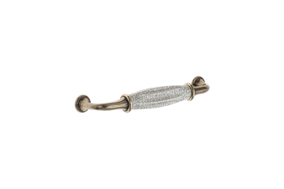 Mâner mobilier Tulip Country 128 – alamă antichizată + porțelan bej, efect crăpat, interax 128 mm, L138 mm