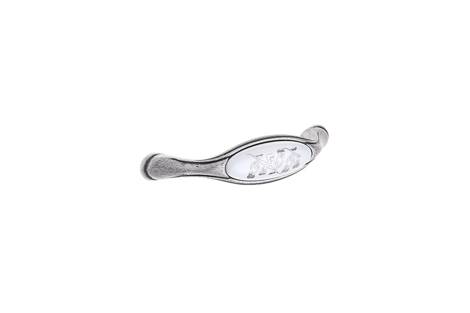 Mâner pentru mobilier Tulip Margarita – cositor antichizat (pewter) & porțelan alb cu motiv floral, interax 128 mm