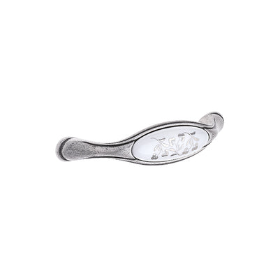 Mâner pentru mobilier Tulip Margarita – cositor antichizat (pewter) & porțelan alb cu motiv floral, interax 128 mm