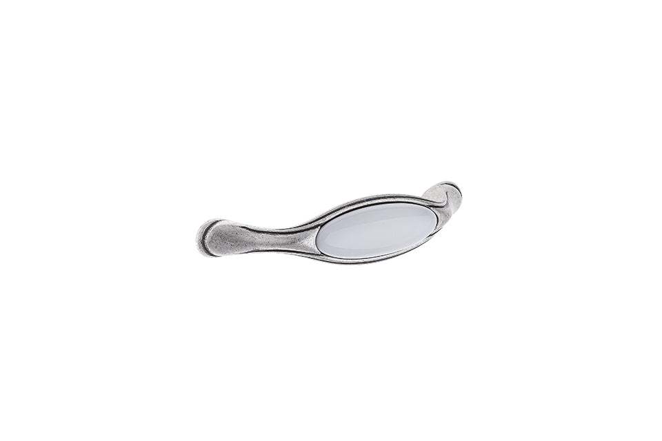 Mâner pentru mobilier Tulip Margarita – cositor antichizat (pewter) & porțelan alb, interax 128 mm