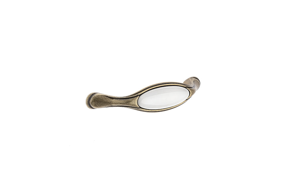 Mâner pentru mobilier Tulip Margarita – alamă antichizată & porțelan bej, interax 128 mm
