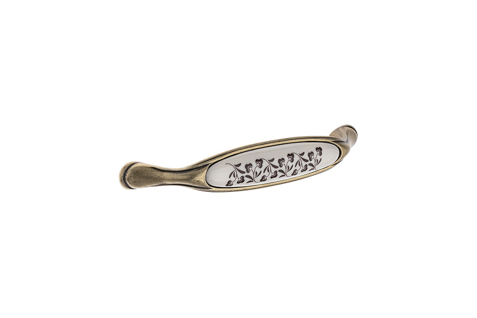Mâner pentru mobilier Tulip Margarita – alamă antichizată & porțelan bej cu motiv floral, interax 128 mm