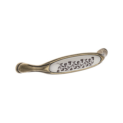Mâner pentru mobilier Tulip Margarita – alamă antichizată & porțelan bej cu motiv floral, interax 128 mm
