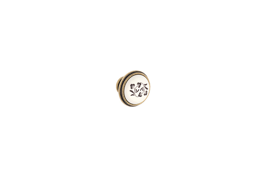 Buton mobilier Tulip Margarita – alamă antichizată / porțelan bej cu model floral maro, rotund, Ø35 mm, H27 mm