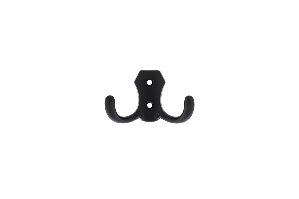 Agățătoare pentru cuier Tulip Lugo – negru mat, 2 cârlige, zamac, montaj frontal (cu șuruburi incluse)