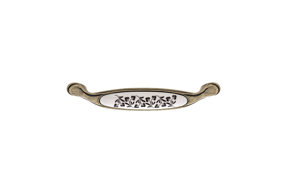 Mâner pentru mobilier Tulip Margarita – alamă antichizată & porțelan bej cu motiv floral, interax 128 mm