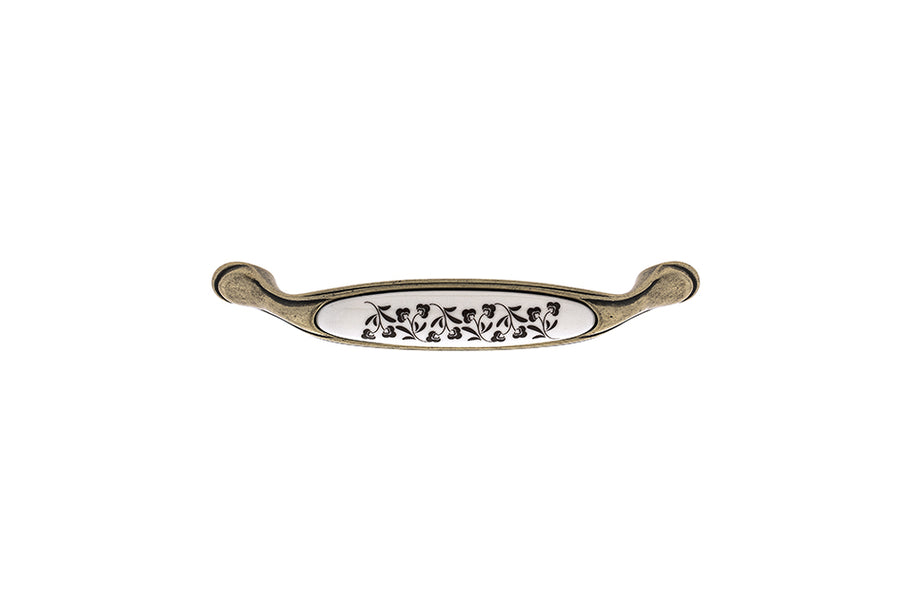 Mâner pentru mobilier Tulip Margarita – alamă antichizată & porțelan bej cu motiv floral, interax 128 mm