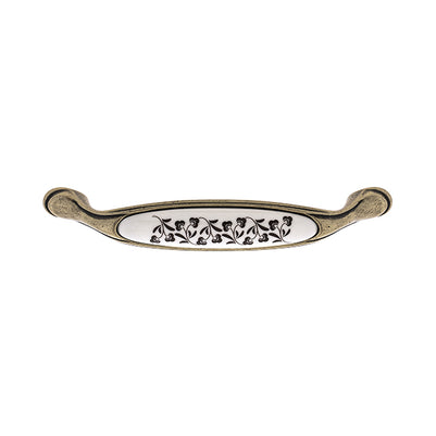 Mâner pentru mobilier Tulip Margarita – alamă antichizată & porțelan bej cu motiv floral, interax 128 mm