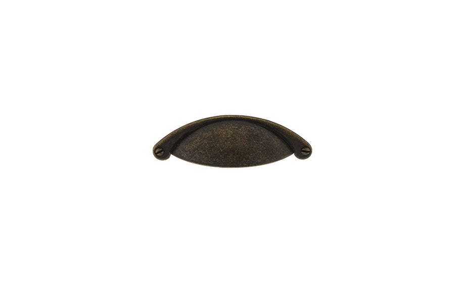 Mâner tip cupă pentru mobilier Tulip Cona – alamă antichizată (mat), zamac, interax 64 mm
