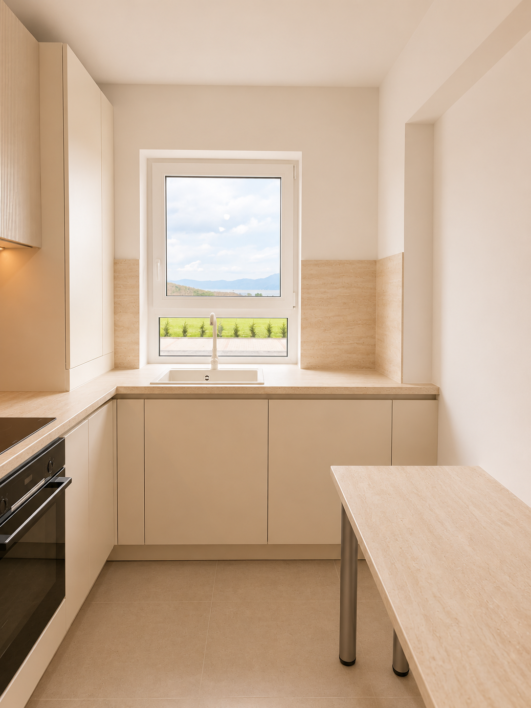 Mobilier de bucătărie NORVINIA, cu fronturi din MDF termoformat, blat termorezistent EGGER și mânere tip profil GOLA