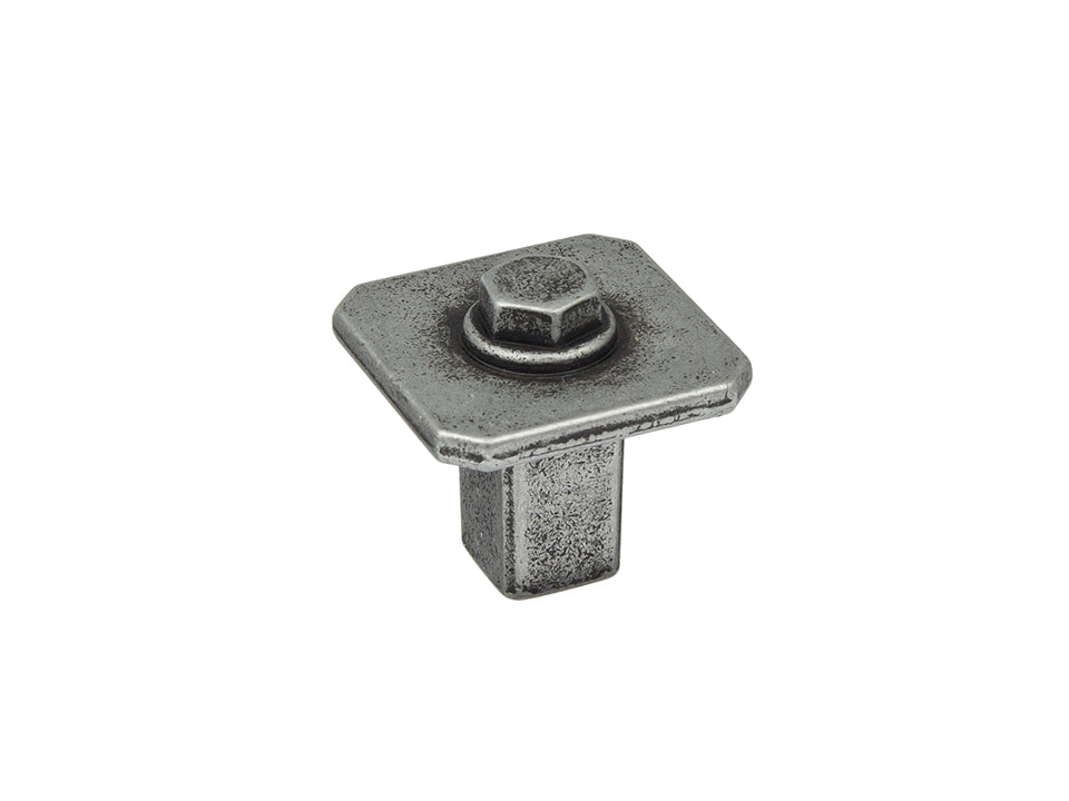 Buton mobilier Tulip Kentucky – cositor antichizat (old tin), pătrat, mat, 27 × 27 mm, H26 mm (zamac)