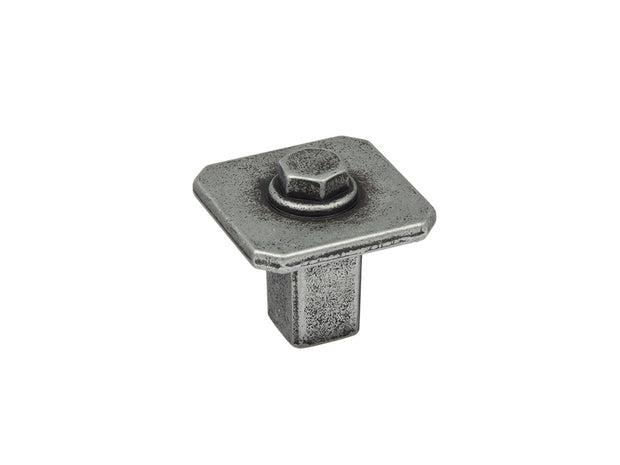 Buton mobilier Tulip Kentucky – cositor antichizat (old tin), pătrat, mat, 27 × 27 mm, H26 mm (zamac)