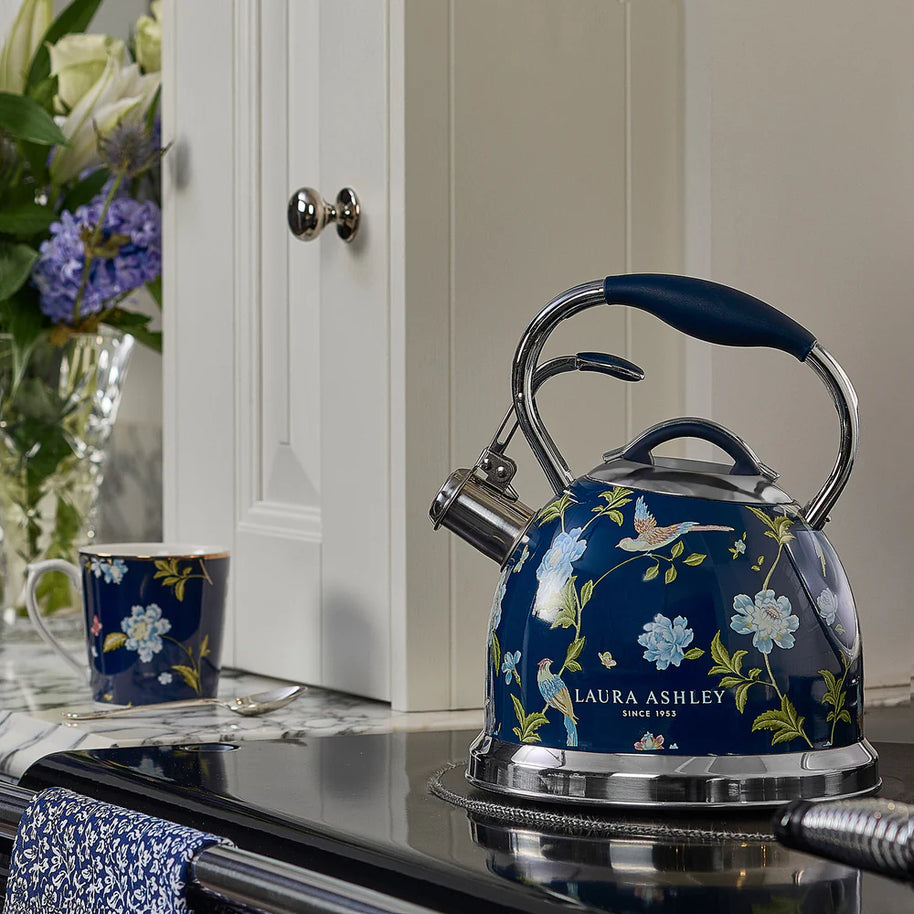 Fierbător pe plită Laura Ashley Elveden Navy, 3 L, inox, cu fluierat, compatibil inducție