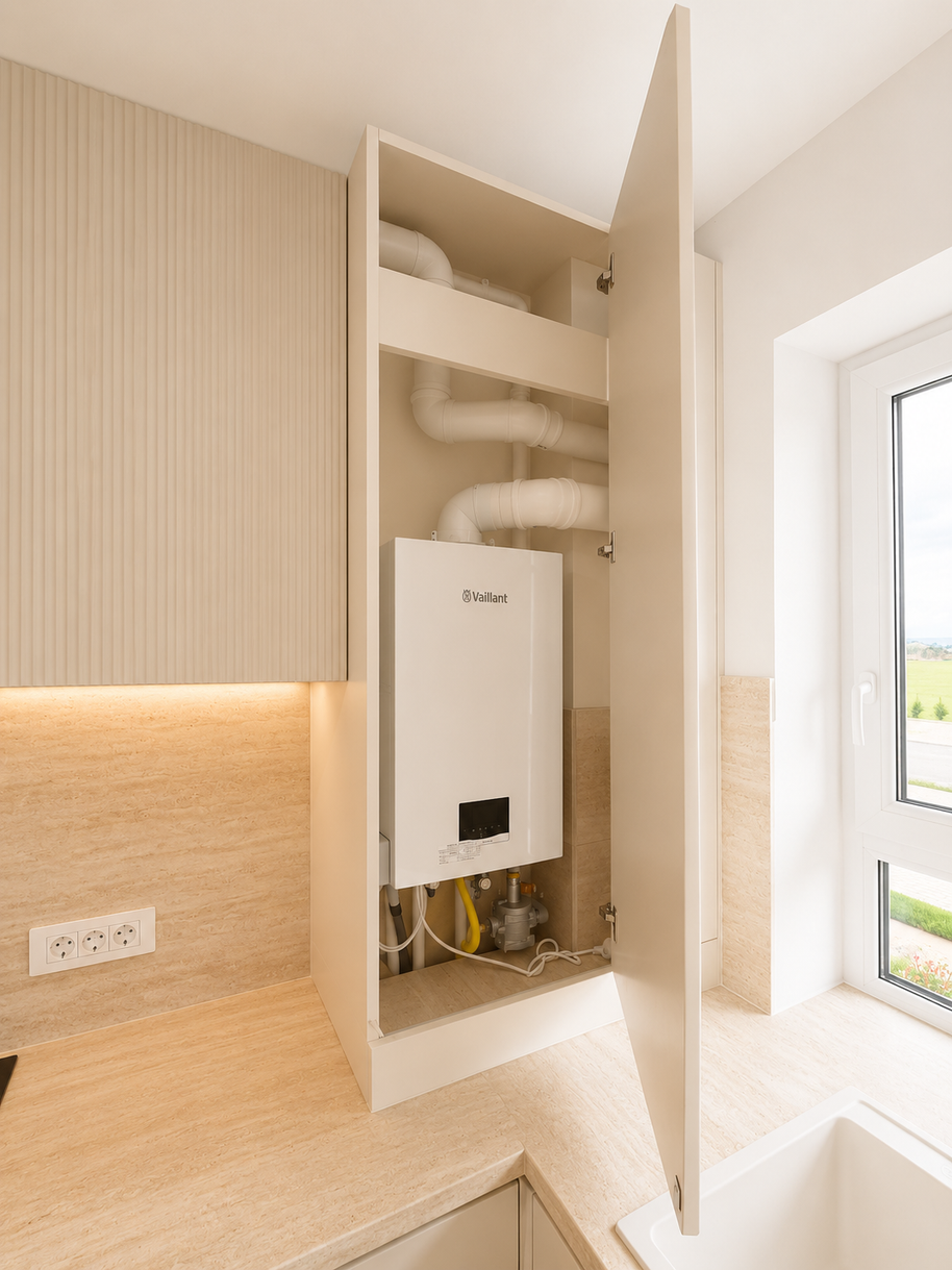 Mobilier de bucătărie NORVINIA, cu fronturi din MDF termoformat, blat termorezistent EGGER și mânere tip profil GOLA