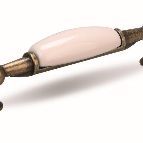 Mâner pentru mobilier Tulip Sara – alamă antichizată & porțelan bej, interax 96 mm