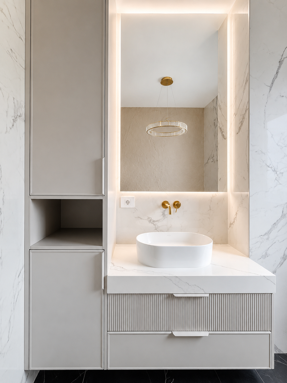 Mobilier pentru baie realizat la comandă de NORVINIA din MDF temoformat cu blat din cuarț compozit și oglindă