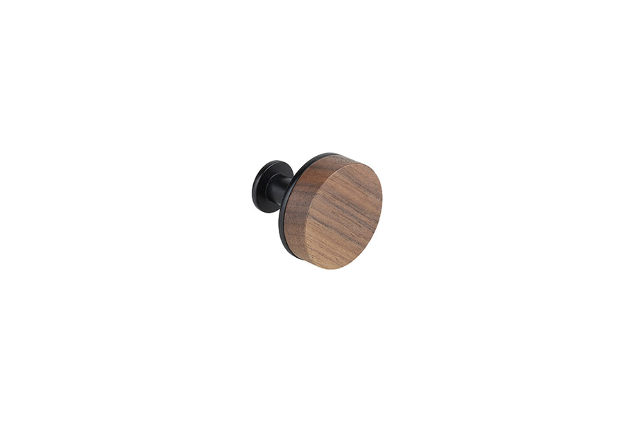 Buton pentru mobilă Tulip Mewo – nuc & negru mat, lemn/metal (rotund)