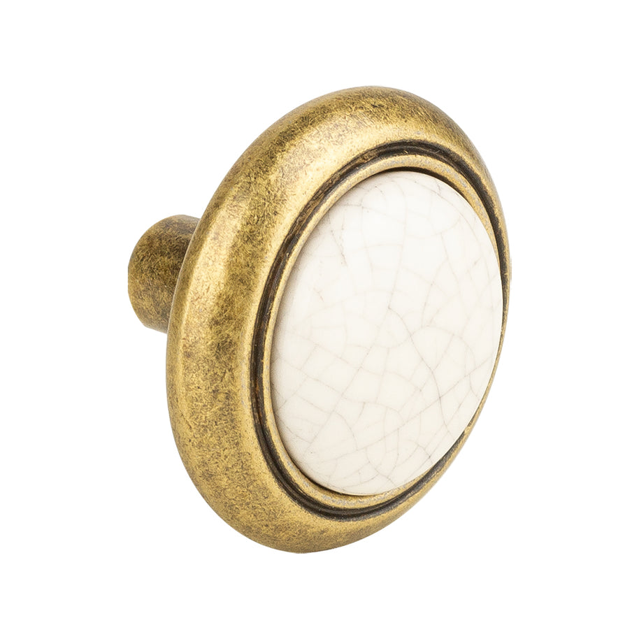 Buton mobilier Tulip Gipa – alamă antichizată / porțelan bej crăpat, rotund, 32 × 32 mm, cu șuruburi