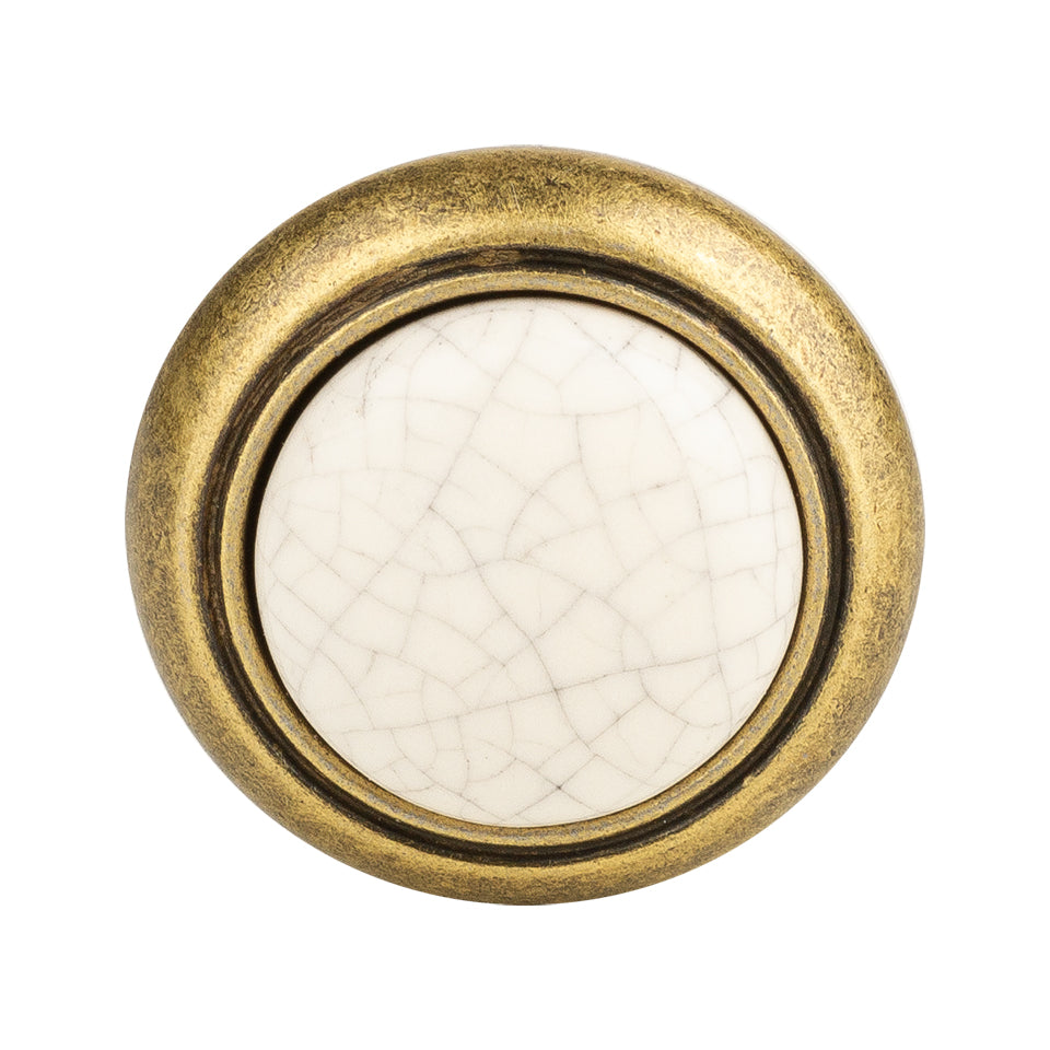 Buton mobilier Tulip Gipa – alamă antichizată / porțelan bej crăpat, rotund, 32 × 32 mm, cu șuruburi