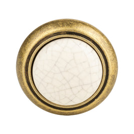 Buton mobilier Tulip Gipa – alamă antichizată / porțelan bej crăpat, rotund, 32 × 32 mm, cu șuruburi