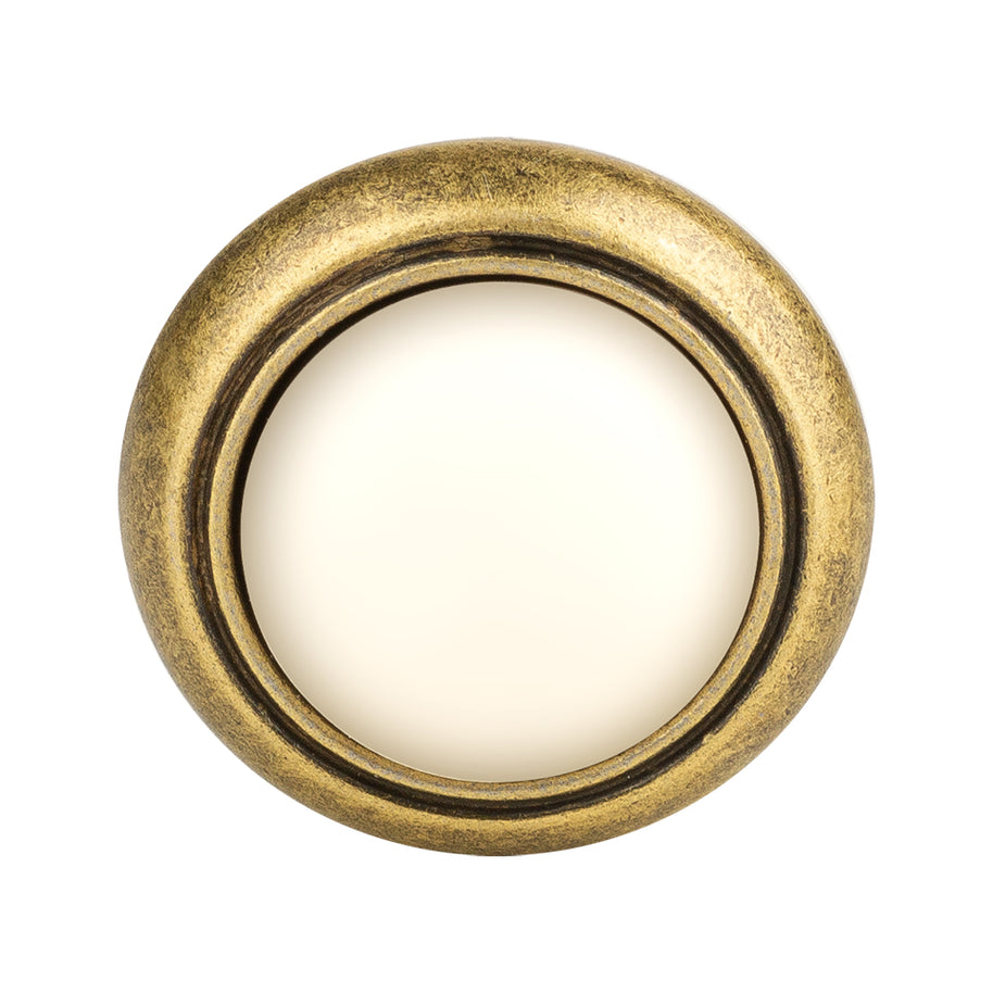 Buton mobilier Tulip Gipa – alamă antichizată / porțelan alb, rotund, 32 × 32 mm, H24 mm, cu șuruburi