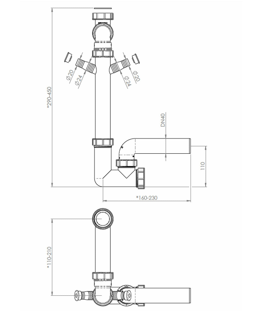 229104 SIFON Ø90 mm, SIMPLU, SPACE SAVER