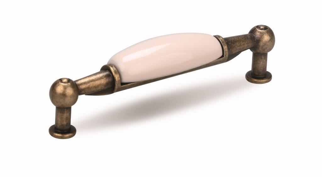 Mâner mobilier Tulip Sara 96 – alamă antichizată + porțelan alb, interax 96 mm, șuruburi incluse