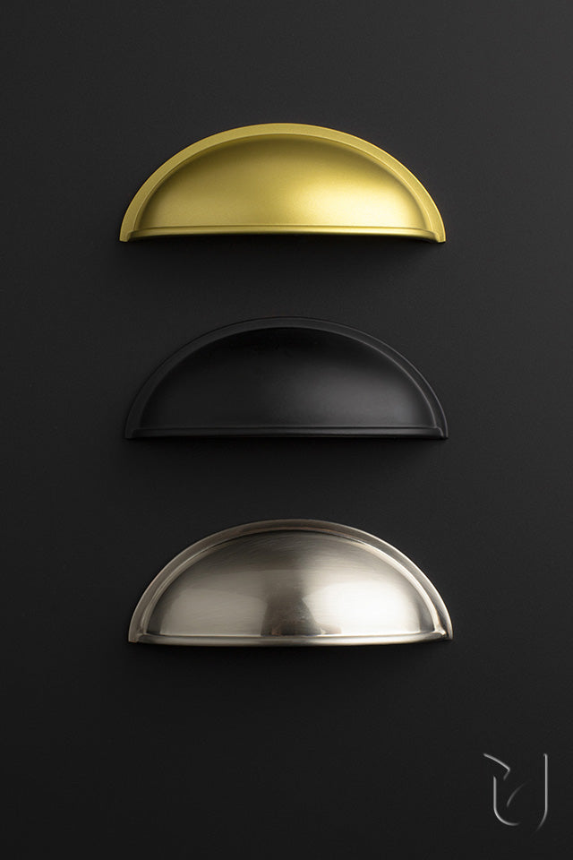 Mâner tip scoică pentru mobilier Tulip Loka – zamac, finisaj nichel periat, interax 76 mm