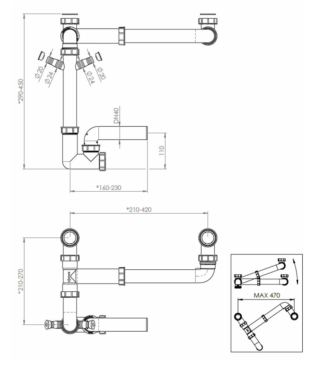 289104 SIFON Ø90 mm, DUBLU, SPACE SAVER
