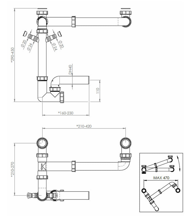 289104 SIFON Ø90 mm, DUBLU, SPACE SAVER