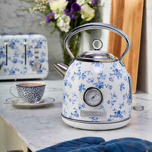 Fierbător electric Laura Ashley China Rose, 1.7 L, 1500 W, inox, cu termometru, filtru anticalcar