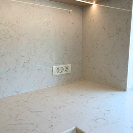 Mobilier din MDF termoformat cu blat din cuarț compozit și mânere gola, finisaj negru mat