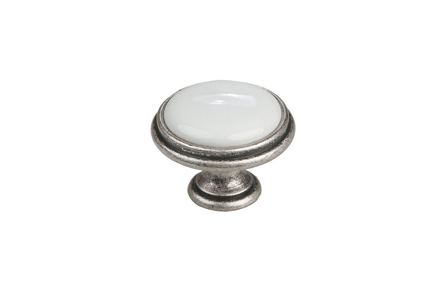 Buton mobilier Tulip Margarita – cositor antichizat (old tin) / porțelan alb, rotund, Ø35 mm, H27 mm