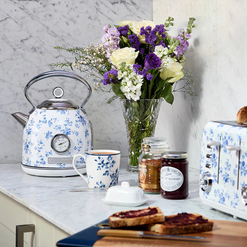 Fierbător electric Laura Ashley China Rose, 1.7 L, 1500 W, inox, cu termometru, filtru anticalcar