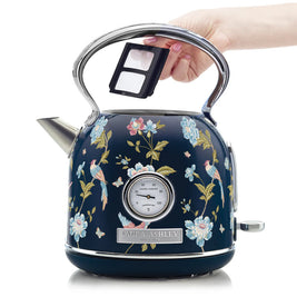 Fierbător electric Laura Ashley Elveden Navy, 1.7 L, 1500 W, inox, cu termometru, filtru anticalcar