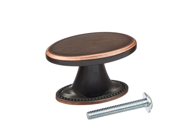 Buton mobilier Tulip Tomo – cupru antichizat închis (old copper dark), oval, 38 × 19 mm, cu șurub