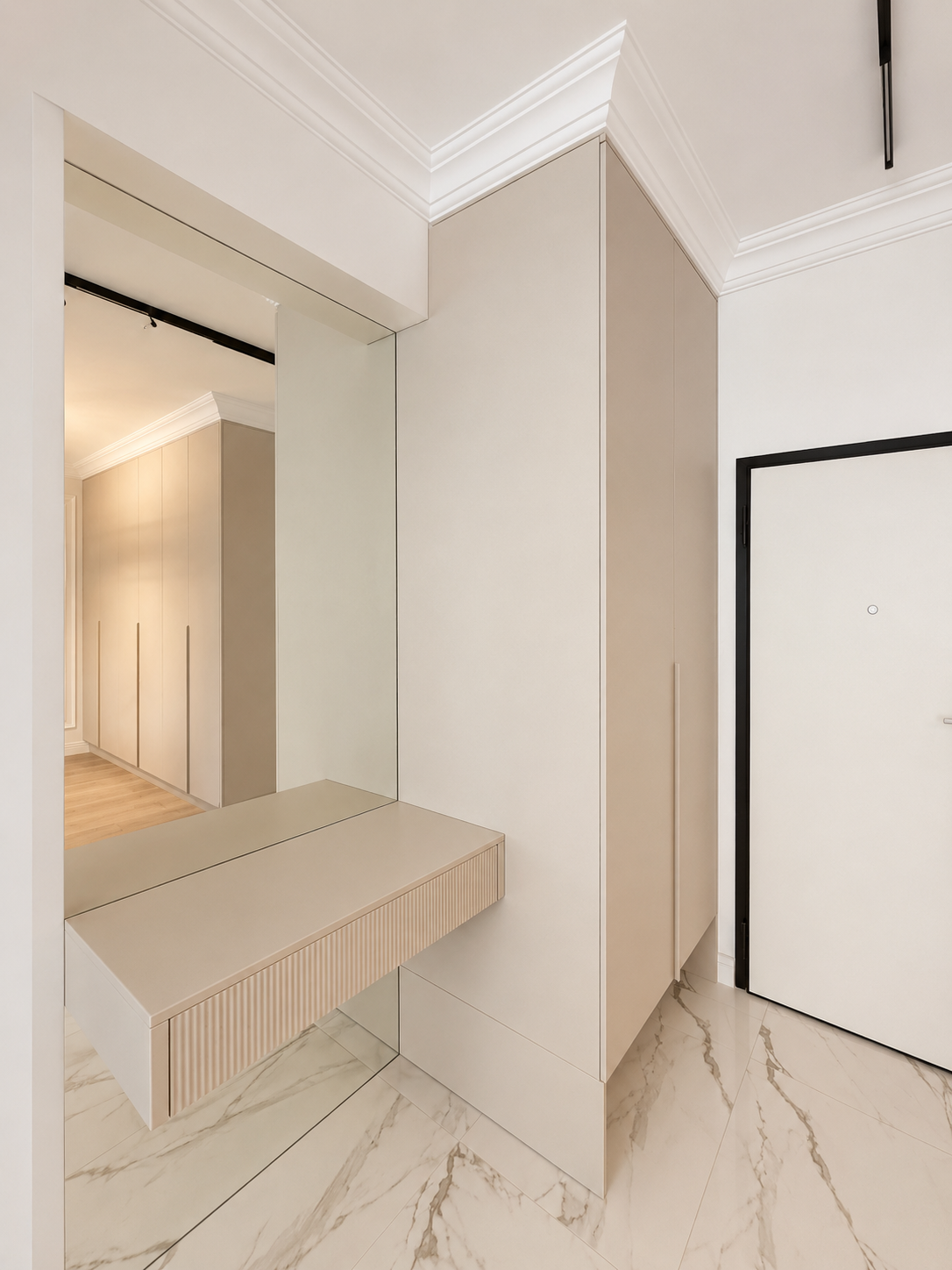 Mobilier pentru hol cu oglindă realizat la comandă de NORVINIA din MDF termoformat