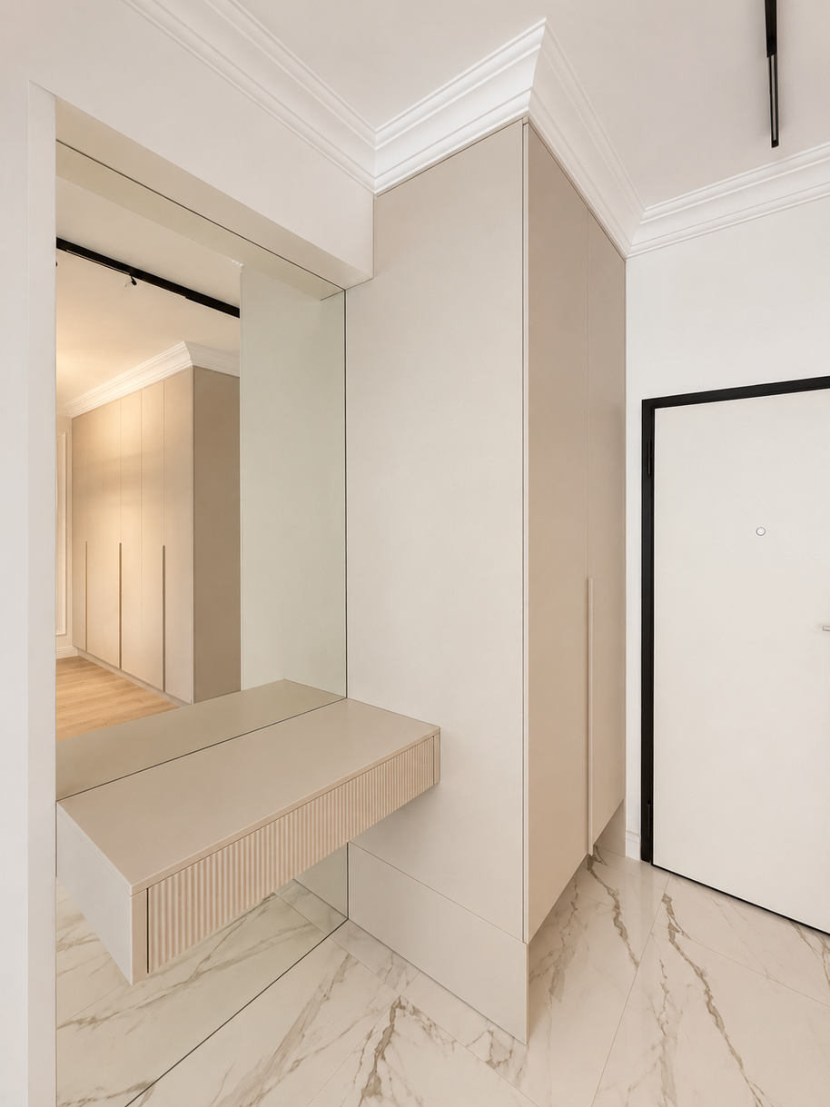 Mobilier pentru hol cu oglindă realizat la comandă de NORVINIA din MDF termoformat