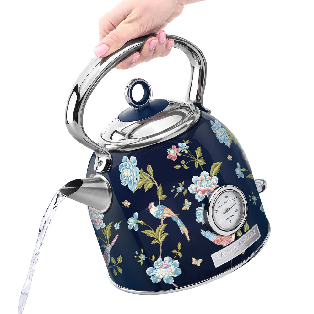 Fierbător electric Laura Ashley Elveden Navy, 1.7 L, 1500 W, inox, cu termometru, filtru anticalcar
