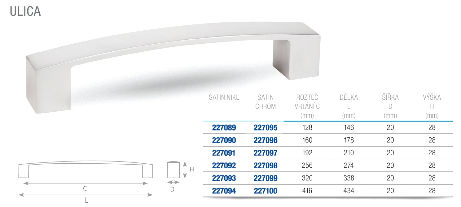 Mâner pentru mobilier Tulip Ulica – finisaj crom satinat mat, zamac, interax 320 mm