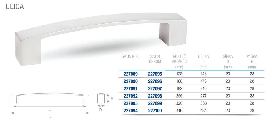 Mâner pentru mobilier Tulip Ulica – finisaj crom satinat mat, zamac, interax 320 mm