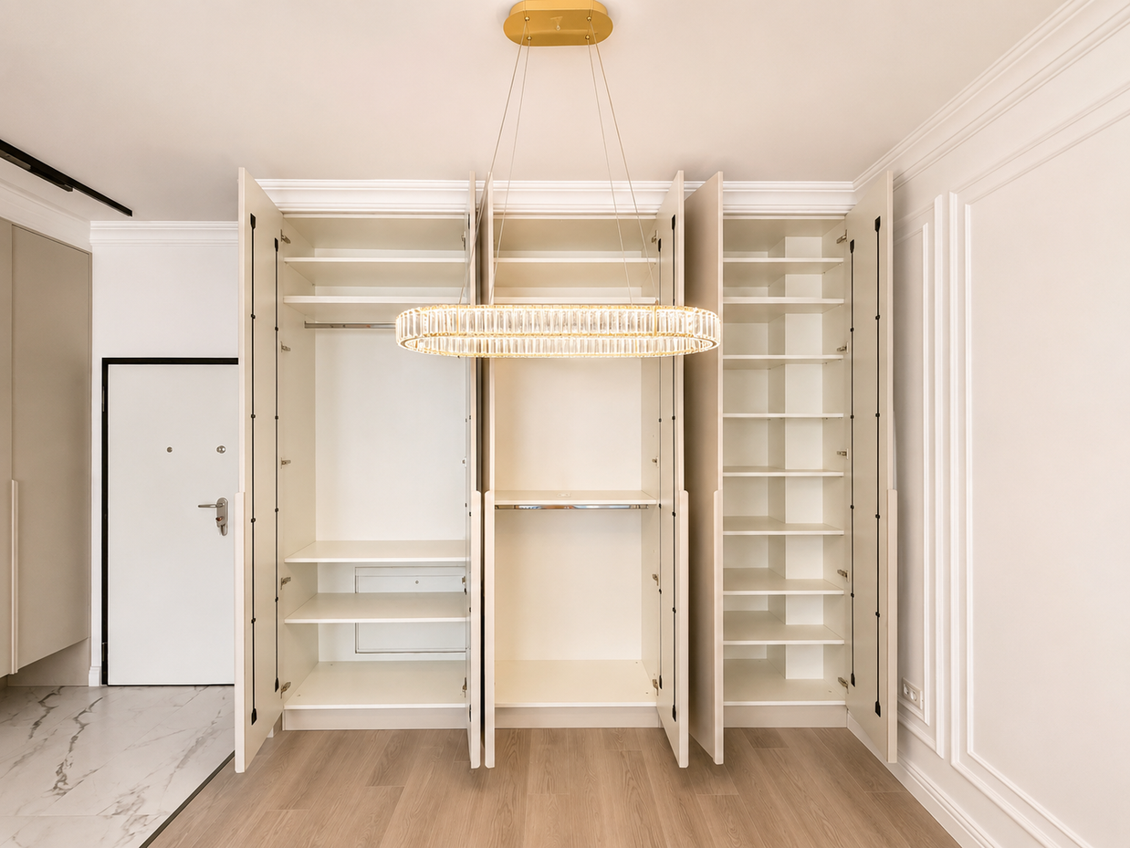 Mobilier pentru living din MDF termoformat cu vitrină și zonă de depozitare realizat la comandă de NORVINIA