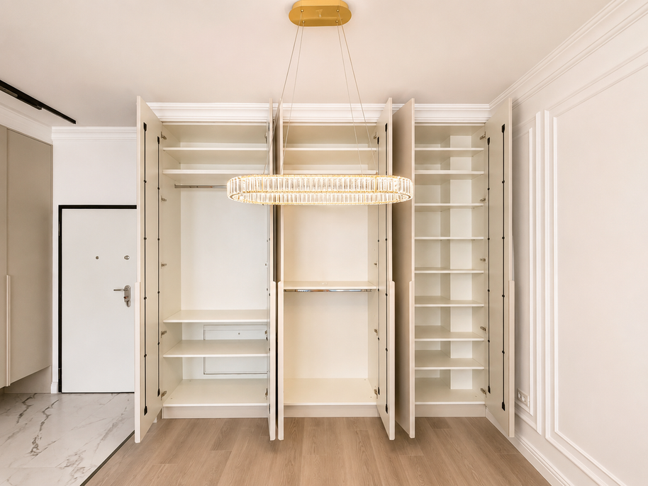 Mobilier pentru living din MDF termoformat cu vitrină și zonă de depozitare realizat la comandă de NORVINIA