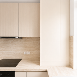 Mobilier de bucătărie NORVINIA, cu fronturi din MDF termoformat, blat termorezistent EGGER și mânere tip profil GOLA